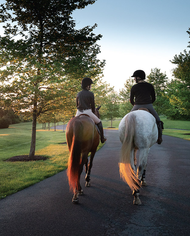 2 women riding horses on a paved trail